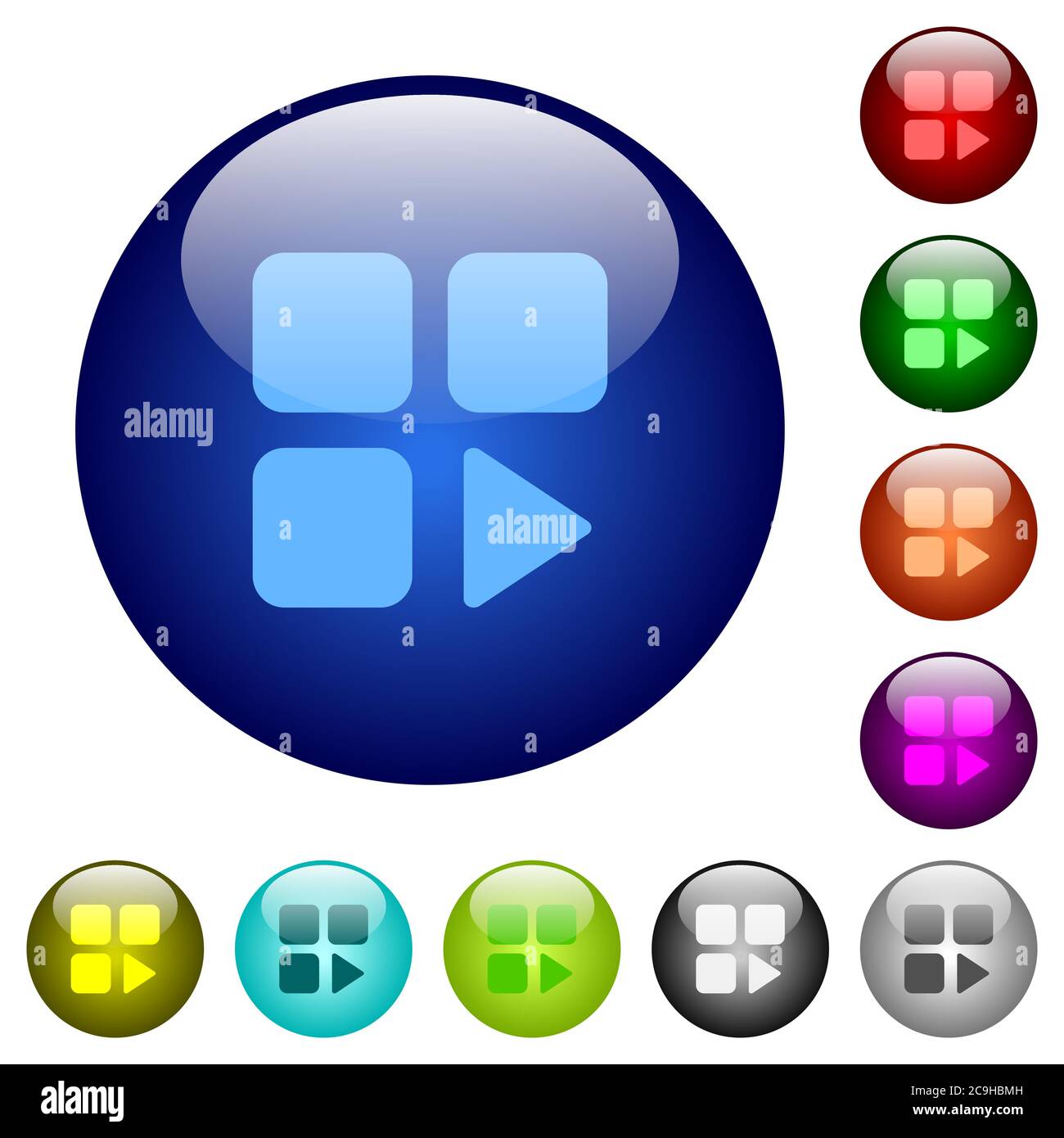 Component play icons on round color glass buttons Stock Vector