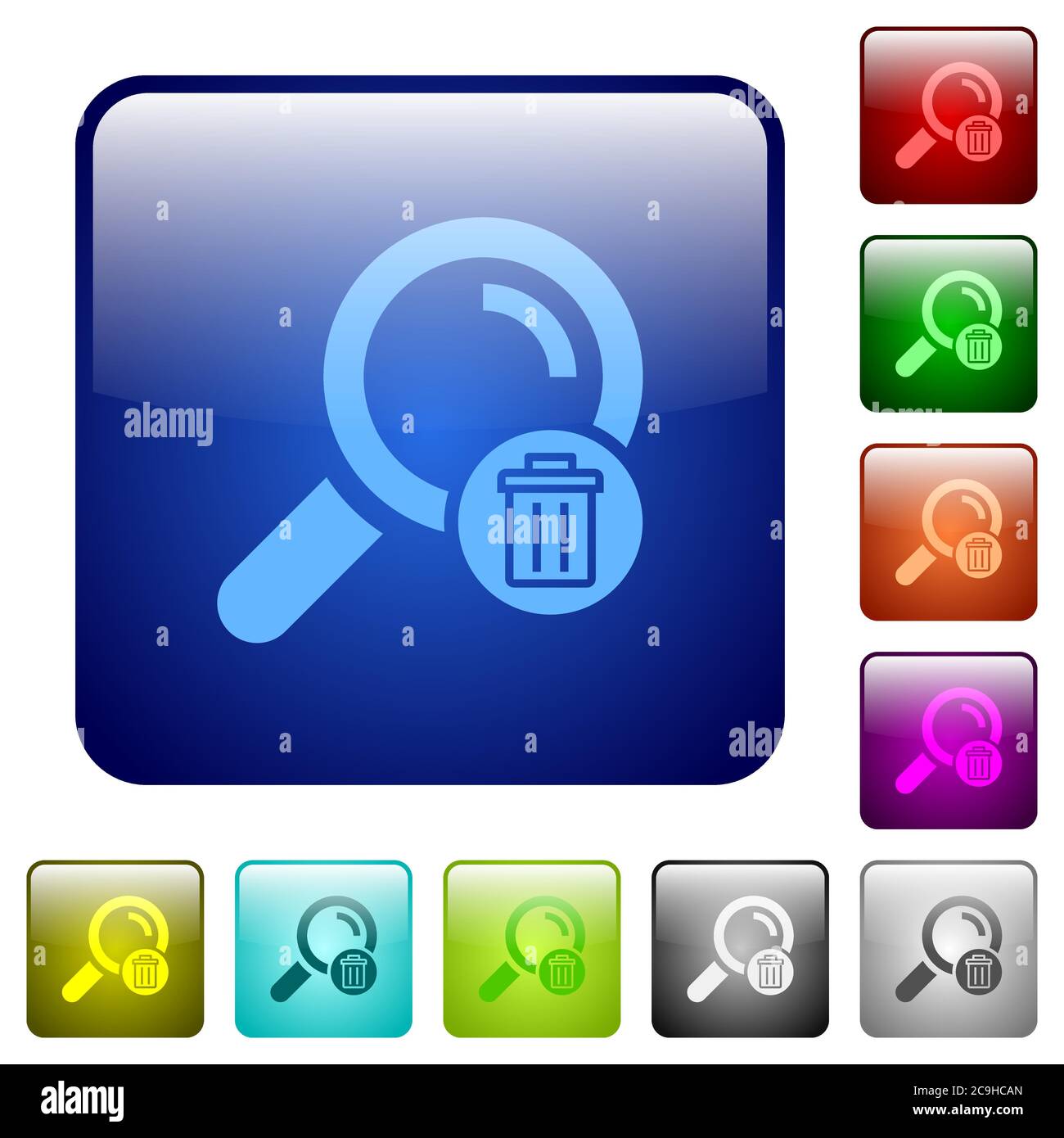 Delete search icons in rounded square color glossy button set Stock Vector