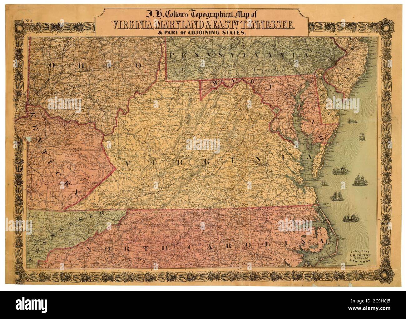 J.H. Colton's topographical map of Virginia, Maryland & eastn. Tennessee - & part of adjoining states. Stock Photo
