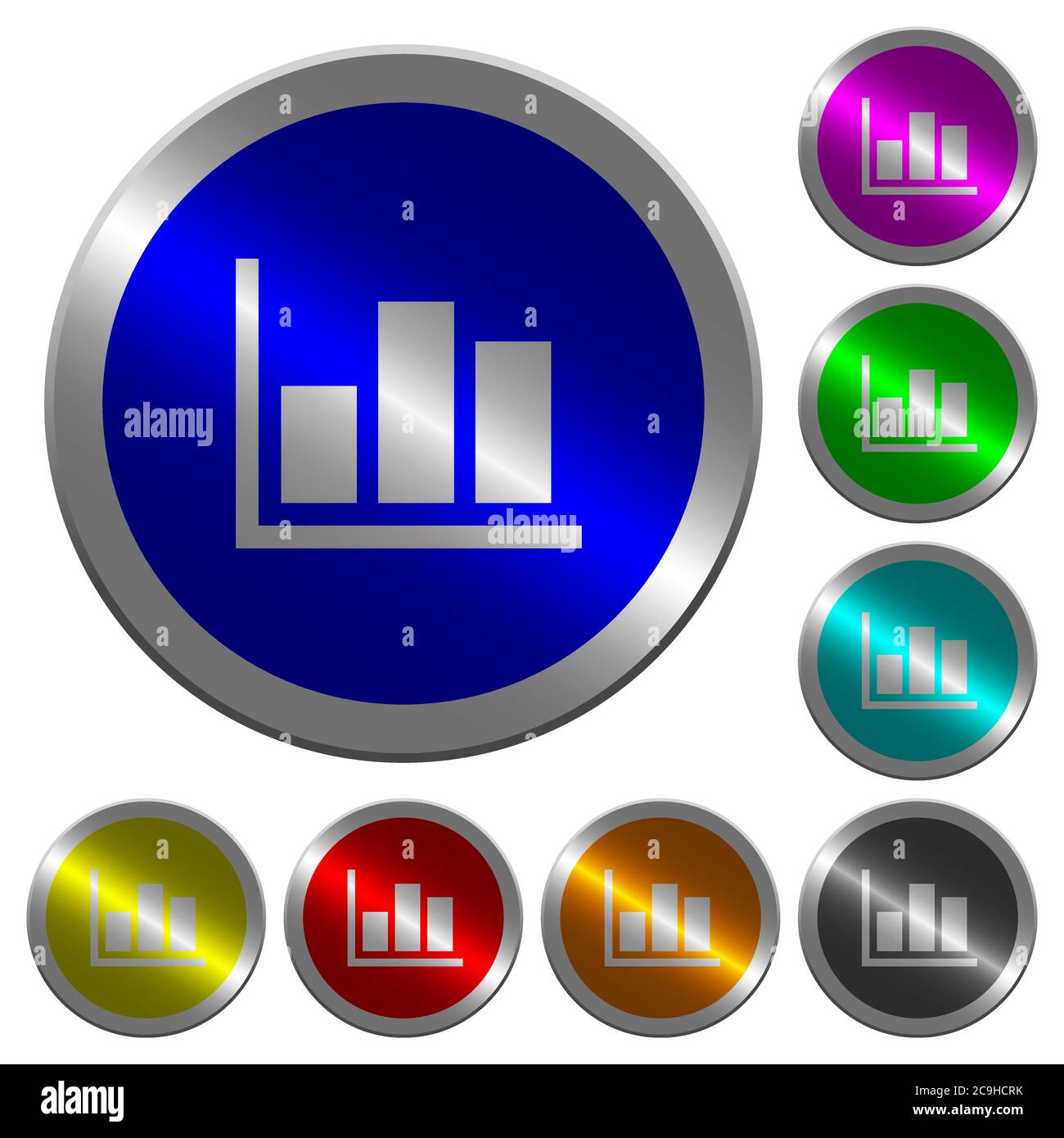 Statistics icons on round luminous coin-like color steel buttons Stock ...
