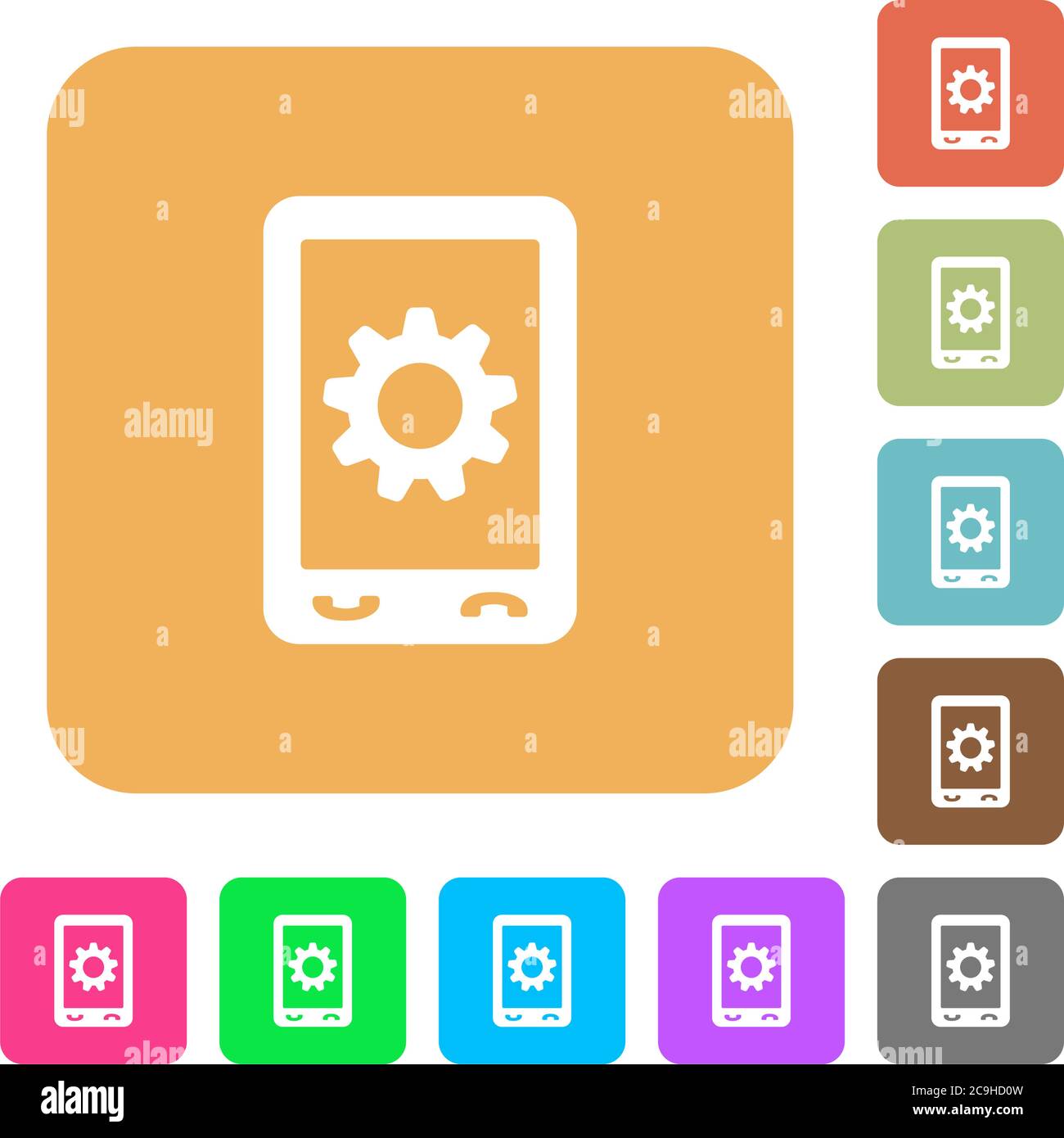 Mobile settings flat icons on rounded square vivid color backgrounds. Stock Vector