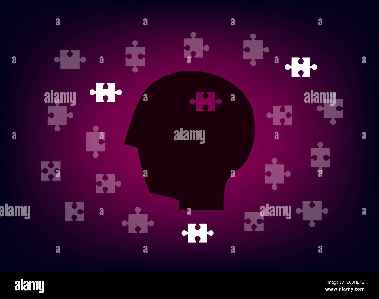 Head with jigsaws on gradients background. Stock Vector