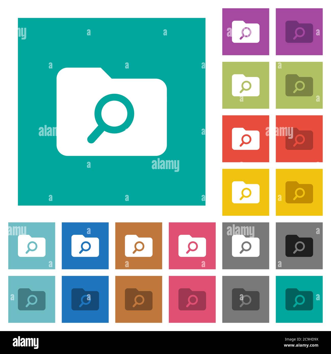 Folder search multi colored flat icons on plain square backgrounds. Included white and darker icon variations for hover or active effects. Stock Vector