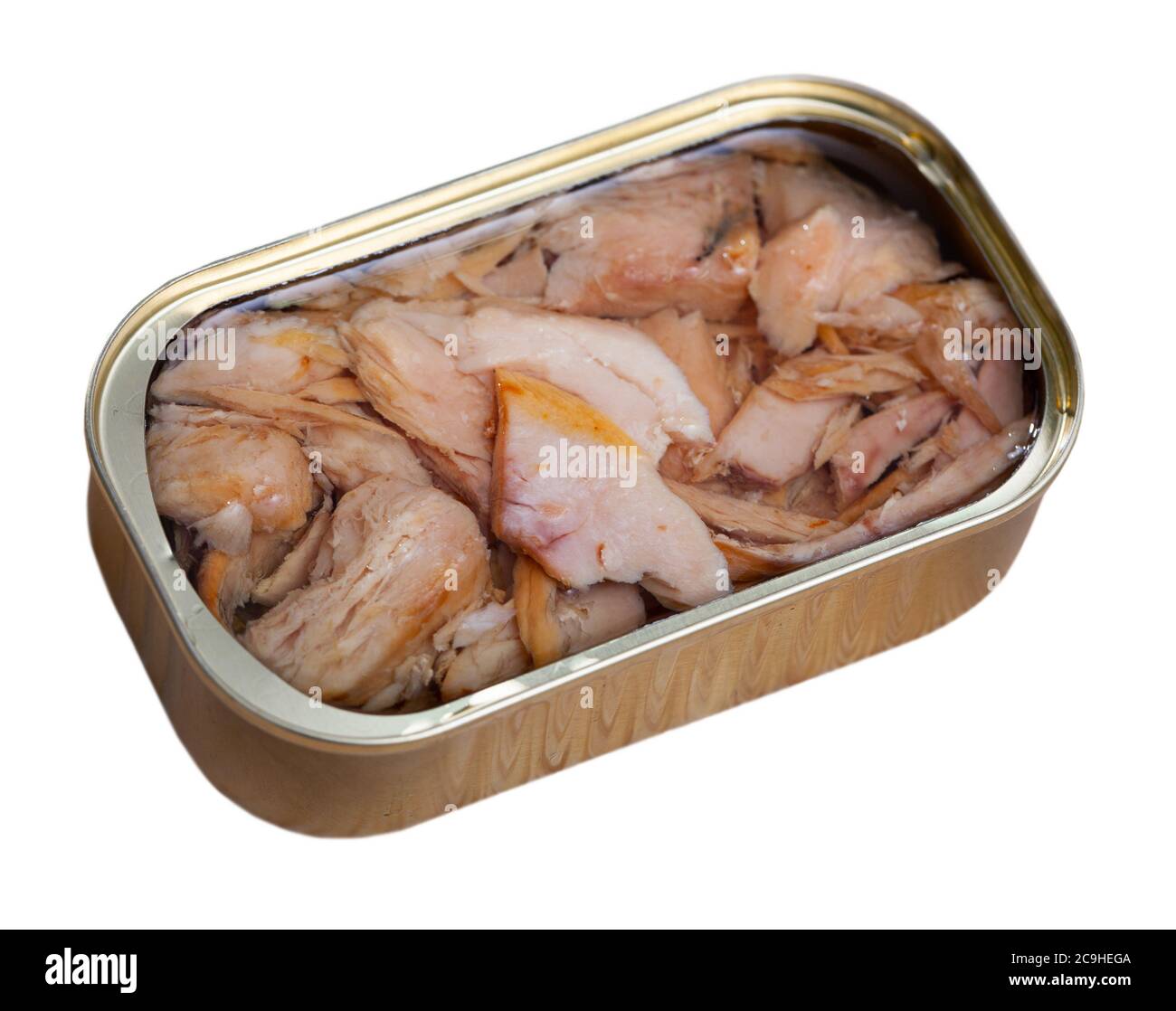 Open tin can of canned chopped tuna belly in oil. Isolated over white