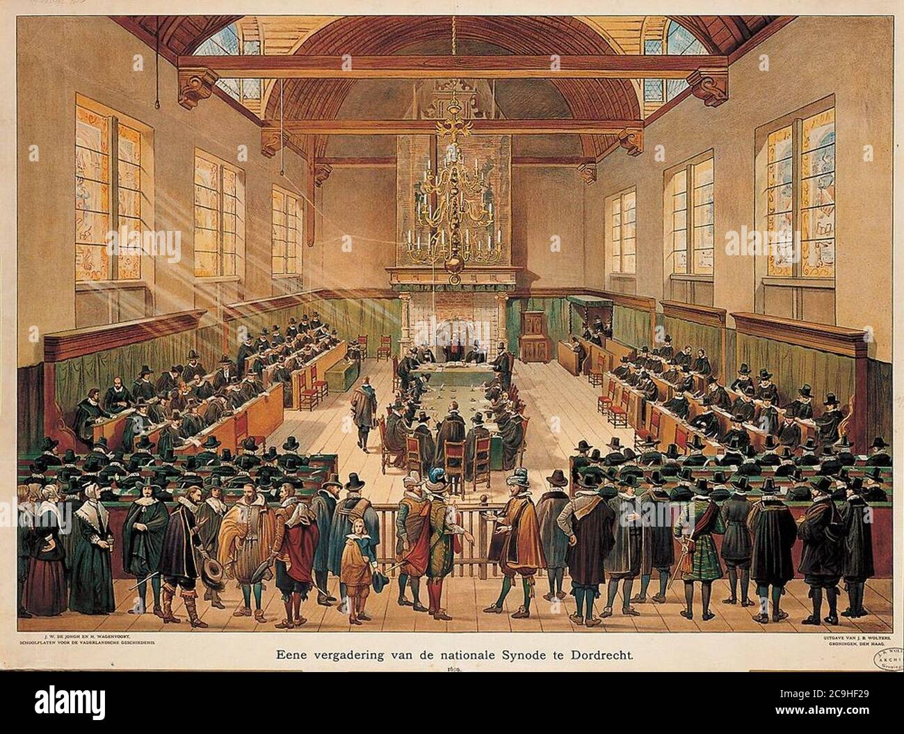 J.W. de Jongh en M. Wagenvoort - Eene vergadering van de Nationale Synode te Dordrecht 1619 - Schoolplaat J.B. Wolters. Stock Photo