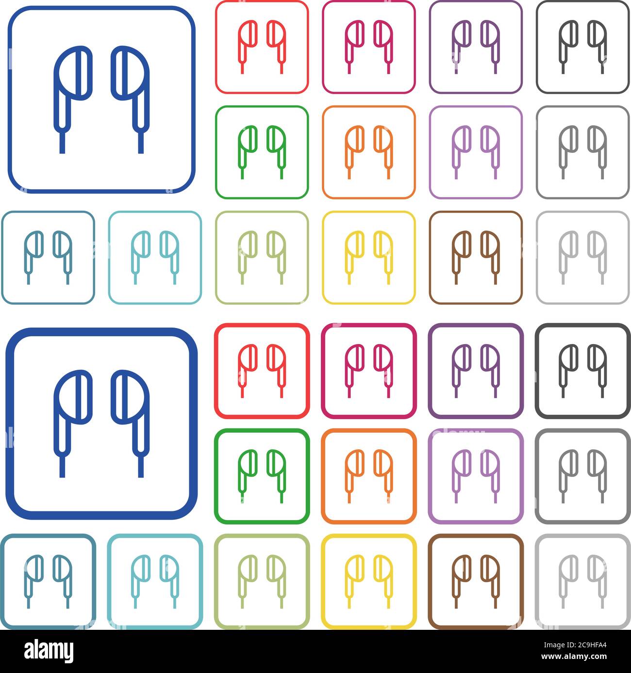 Earphone color flat icons in rounded square frames. Thin and thick versions included. Stock Vector
