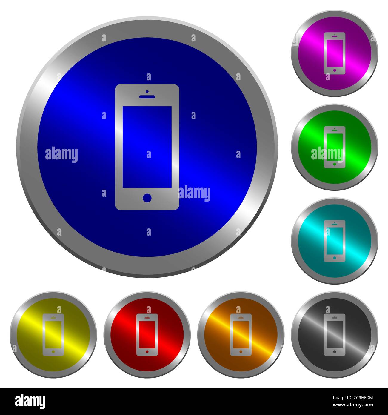 Cellphone with blank display icons on round luminous coin-like color ...