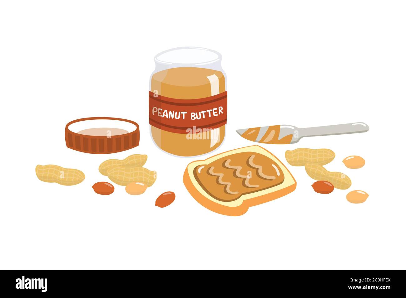 Peanut butter spread on bread with butter knife. Peanut butter, peanut nut and bread isolated on white background. Stock Vector