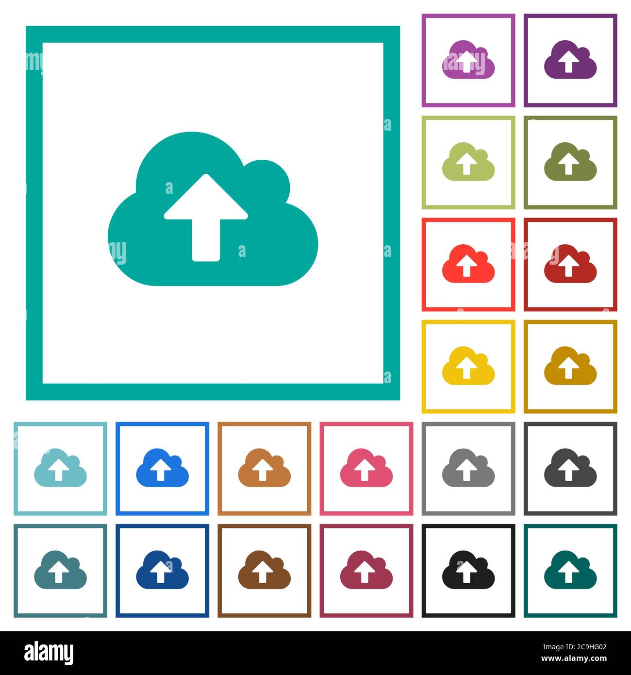 Cloud upload flat color icons with quadrant frames on white background Stock Vector