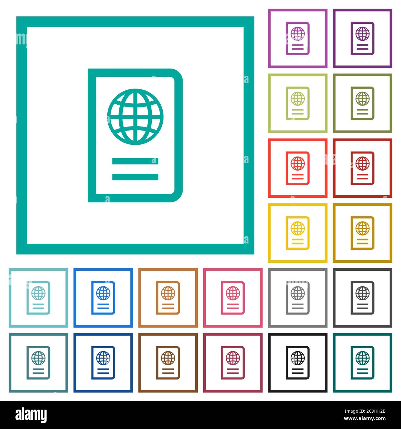 Passport flat color icons with quadrant frames on white background Stock Vector