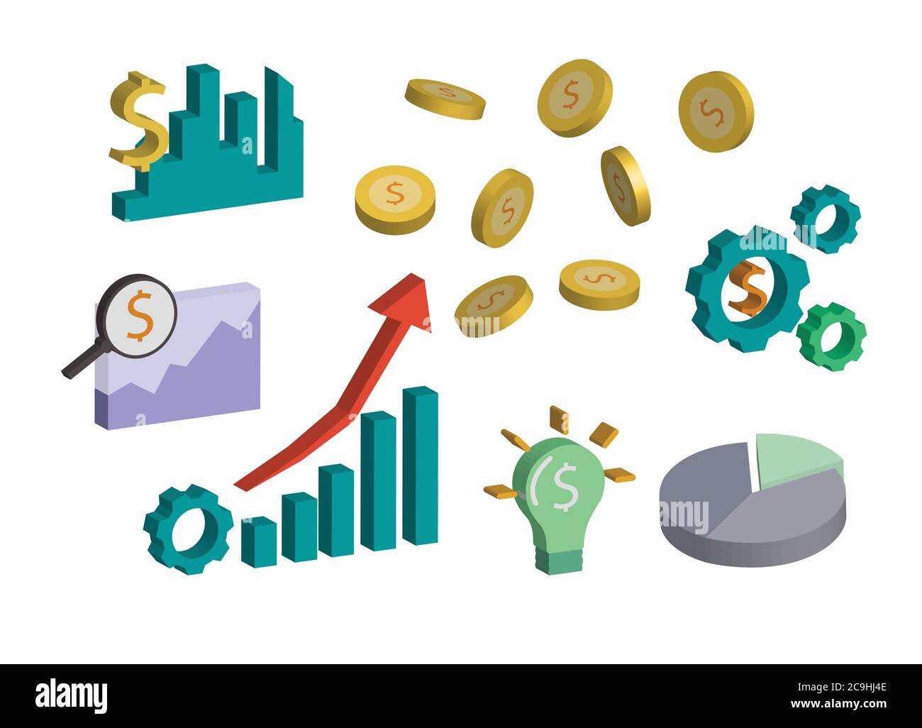 Various symbols relating to investment and finance isolated on white background. Stock Vector