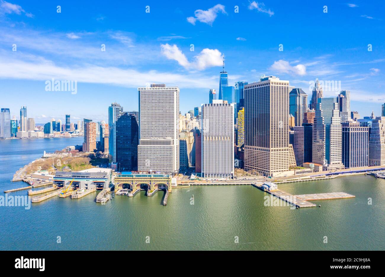 Aerial view of the New York City Financial District (FiDi) skyline ...