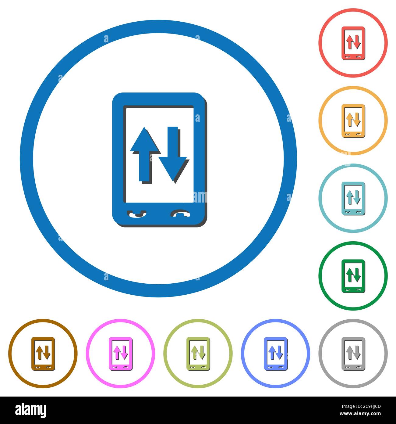 Mobile data traffic flat color vector icons with shadows in round ...