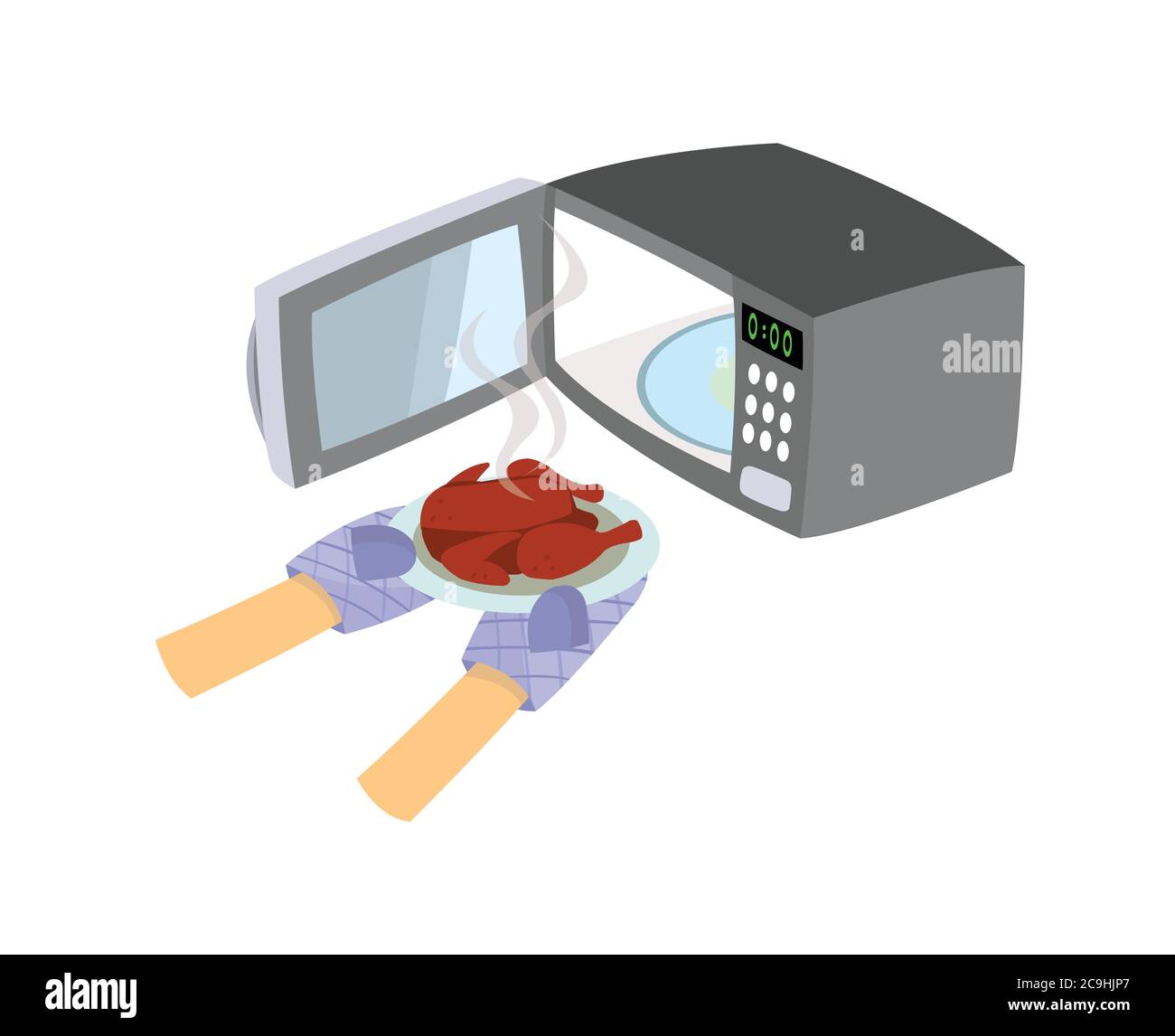 Microwave with open door. Wear gloves to remove the chicken from the microwave. Stock Vector