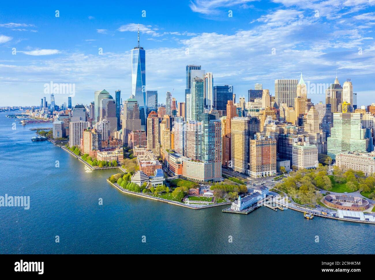 Aerial view of the Lower Manhattan skyline along New York Harbor and