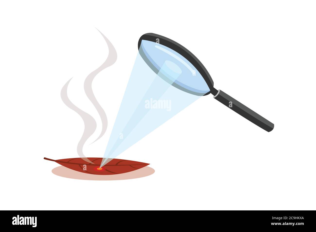 Magnifying glass is combining light into one point to dry leaves can cause burns. Magnifying glass can cause burning. Stock Vector