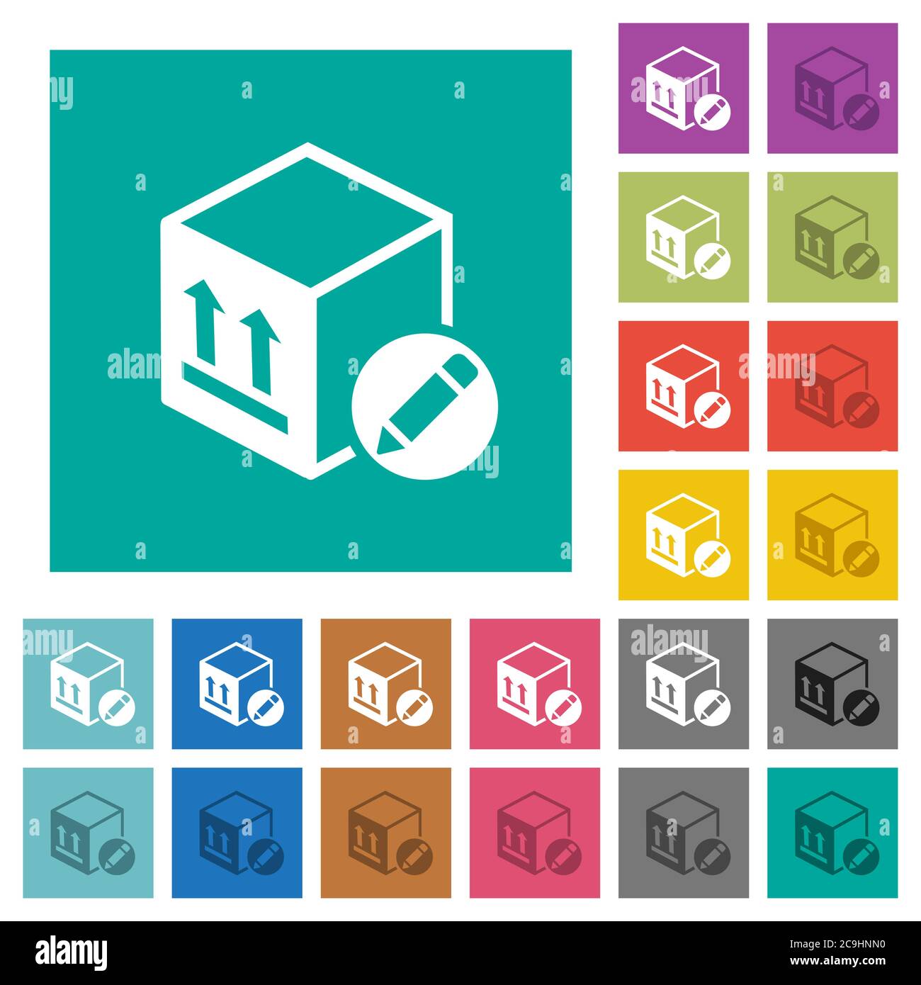 Package edit multi colored flat icons on plain square backgrounds. Included white and darker icon variations for hover or active effects. Stock Vector