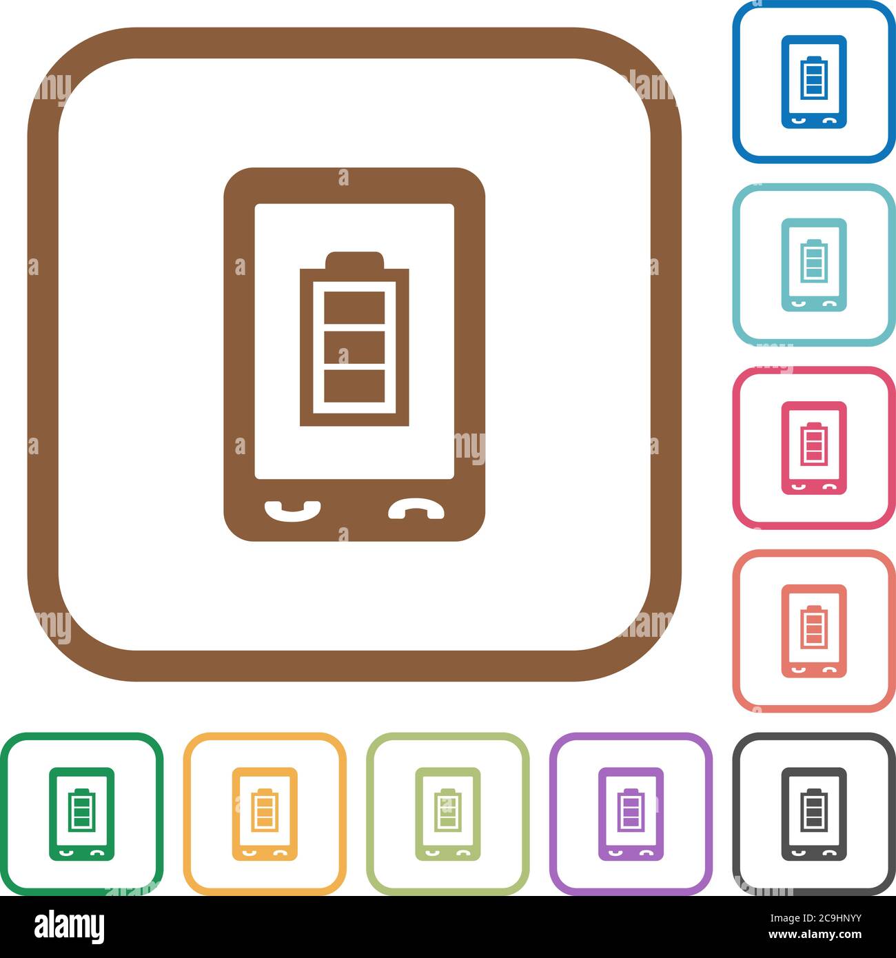 Mobile battery status simple icons in color rounded square frames on ...