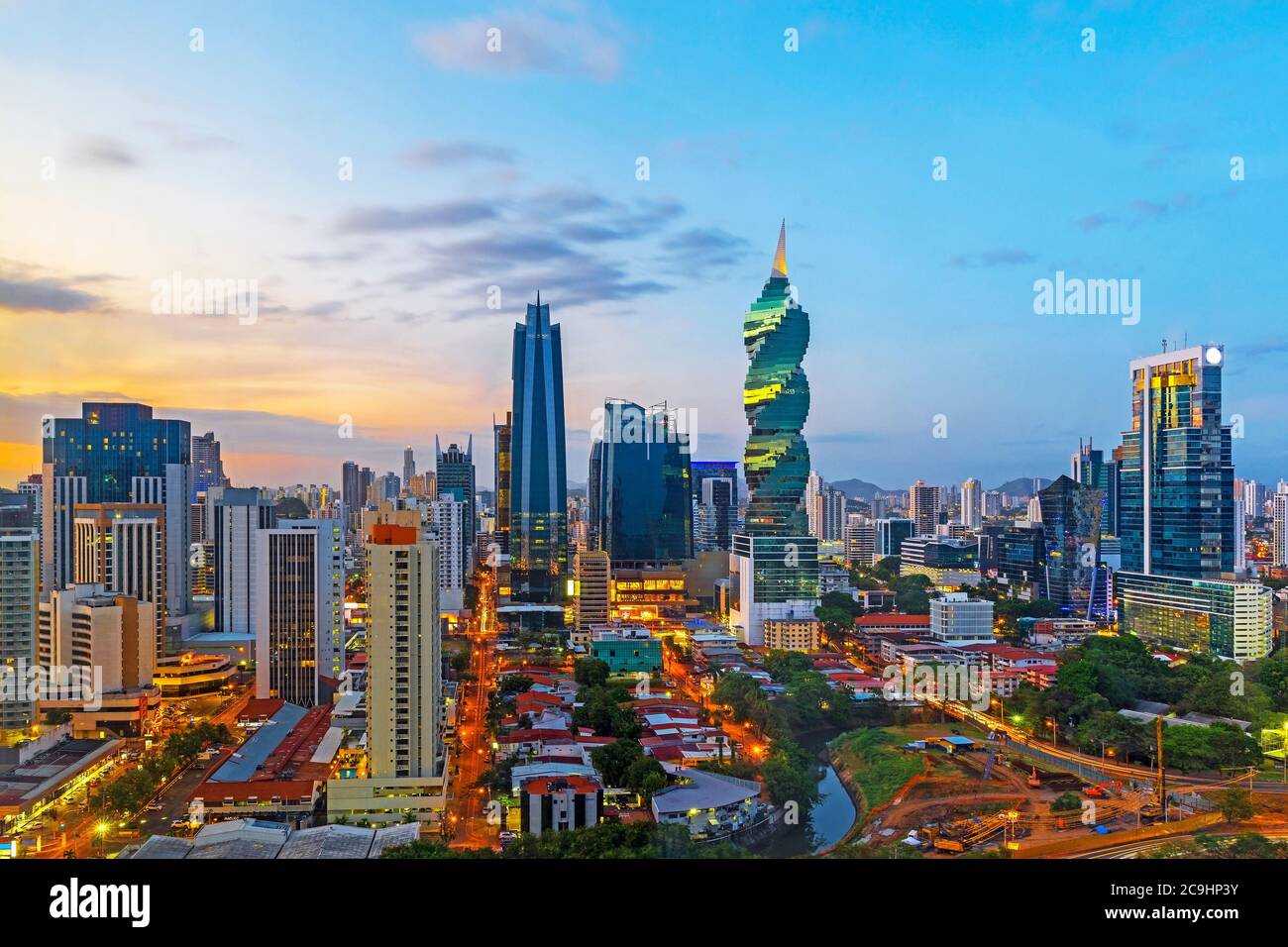The skyline of Panama City with its skyscrapers in the financial district at sunset, Panama. Stock Photo
