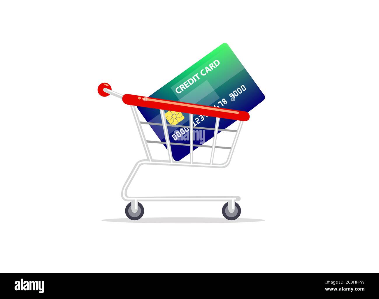 Shopping cart with credit card inside isolated on white background. Stock Vector