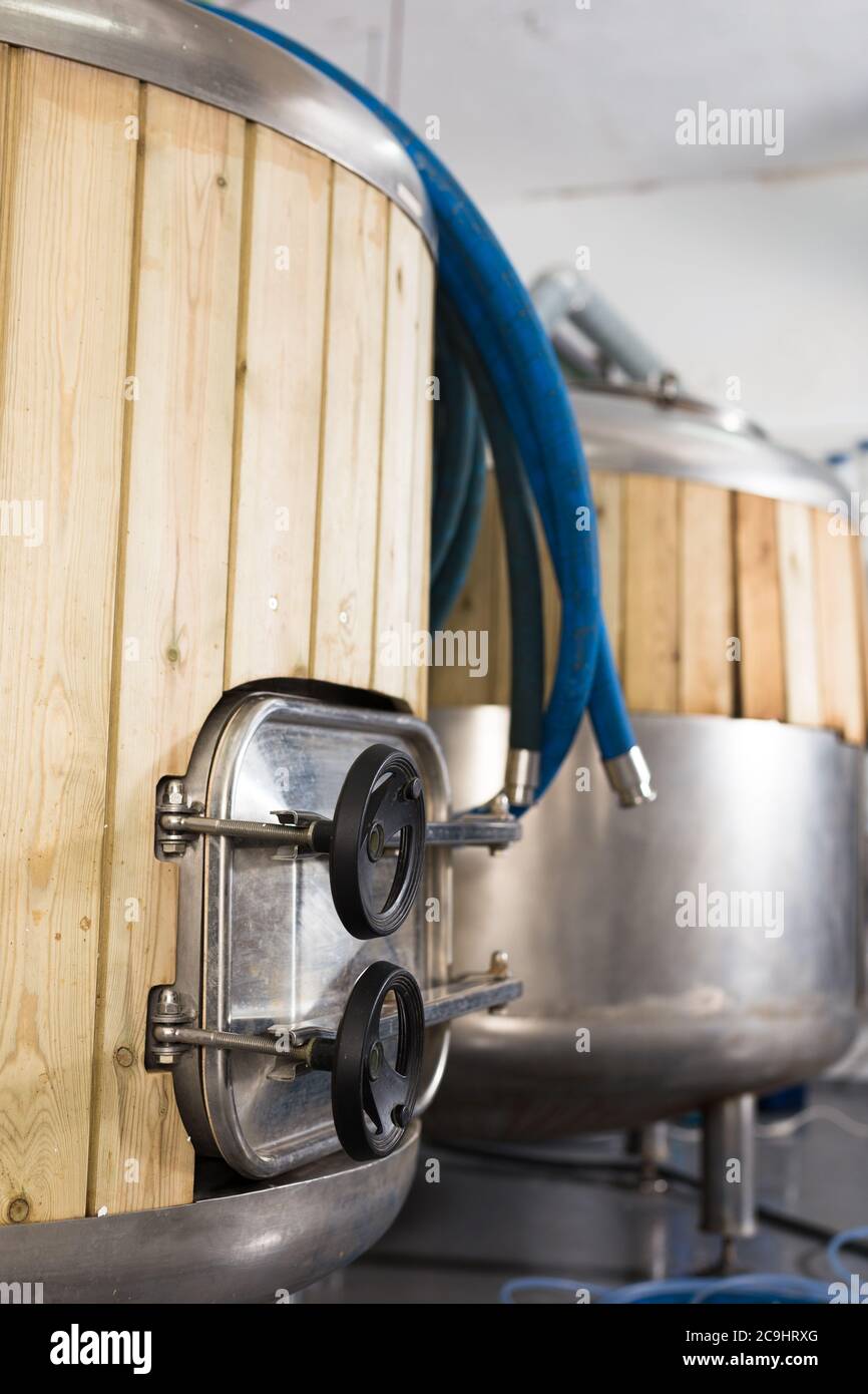 Tanks for the storage and fermentation of beer in modern beer factory ...