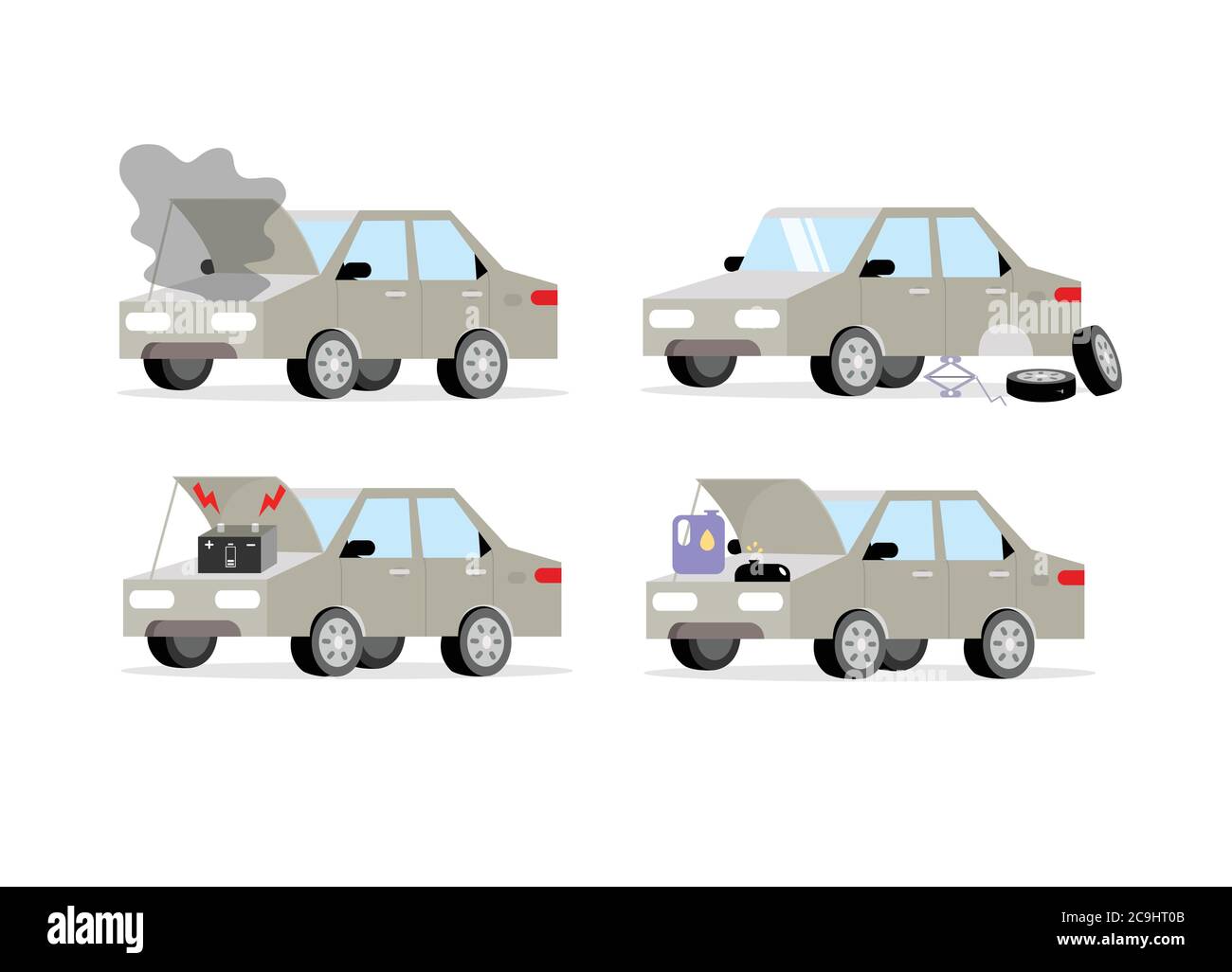 Set of common problems with cars such as radiators, batteries, tires ...