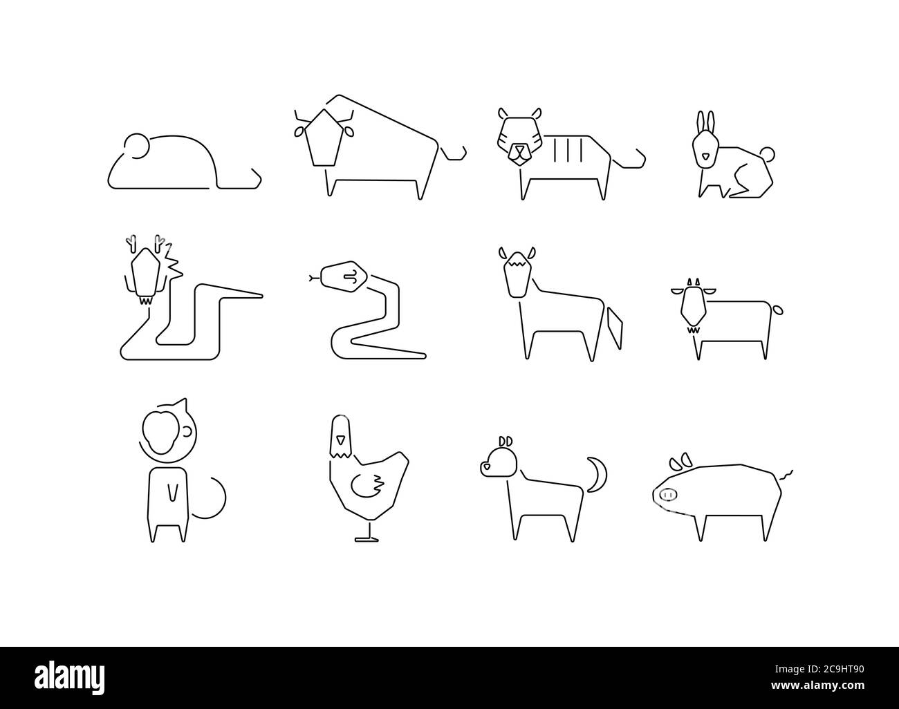 Zodiac animal icons set on white background. Stock Vector