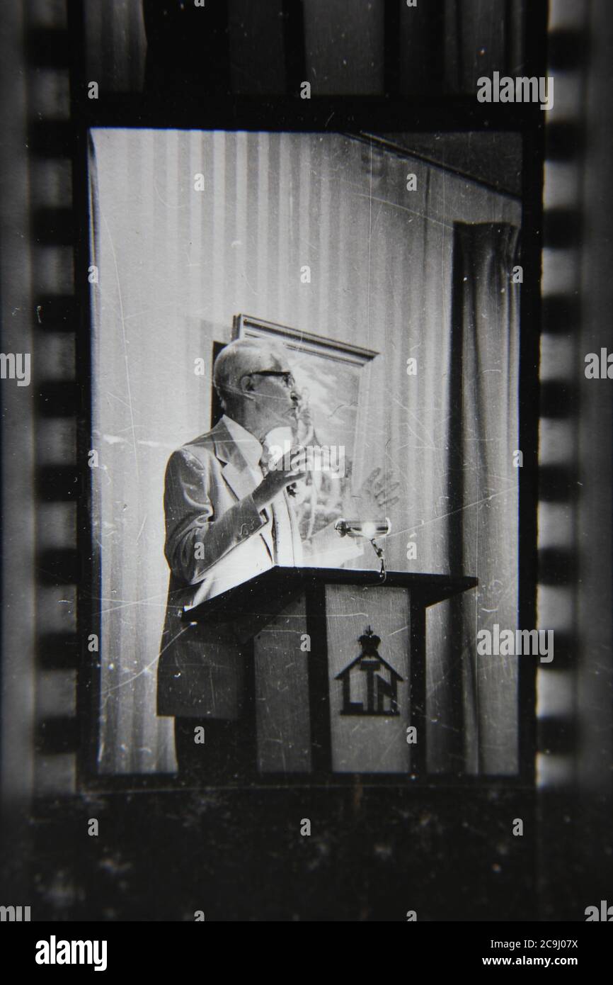 Fine 1970s vintage black and white photography of an adult speaker ...