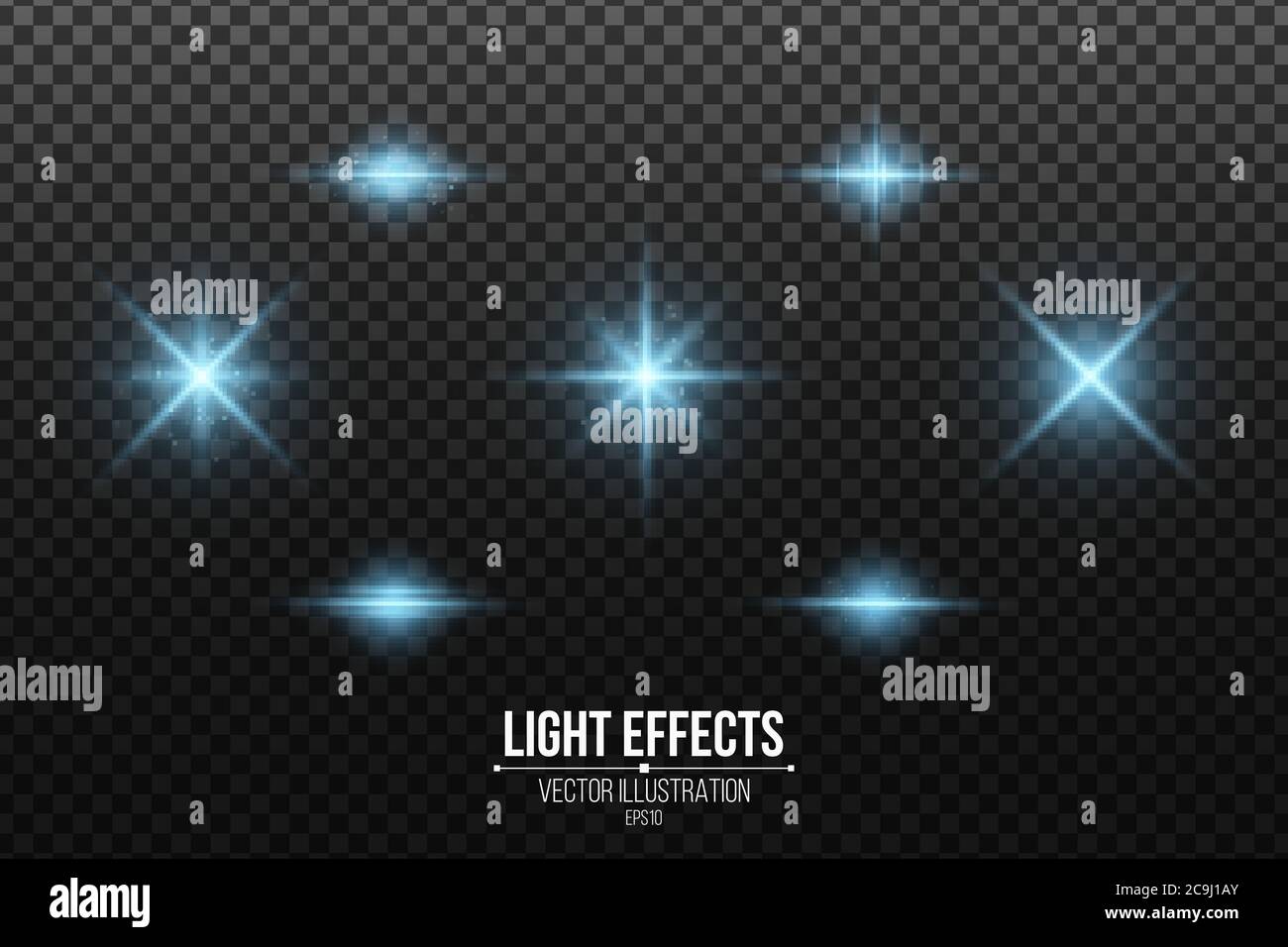 Set of blue light effects isolated on a dark transparent background ...