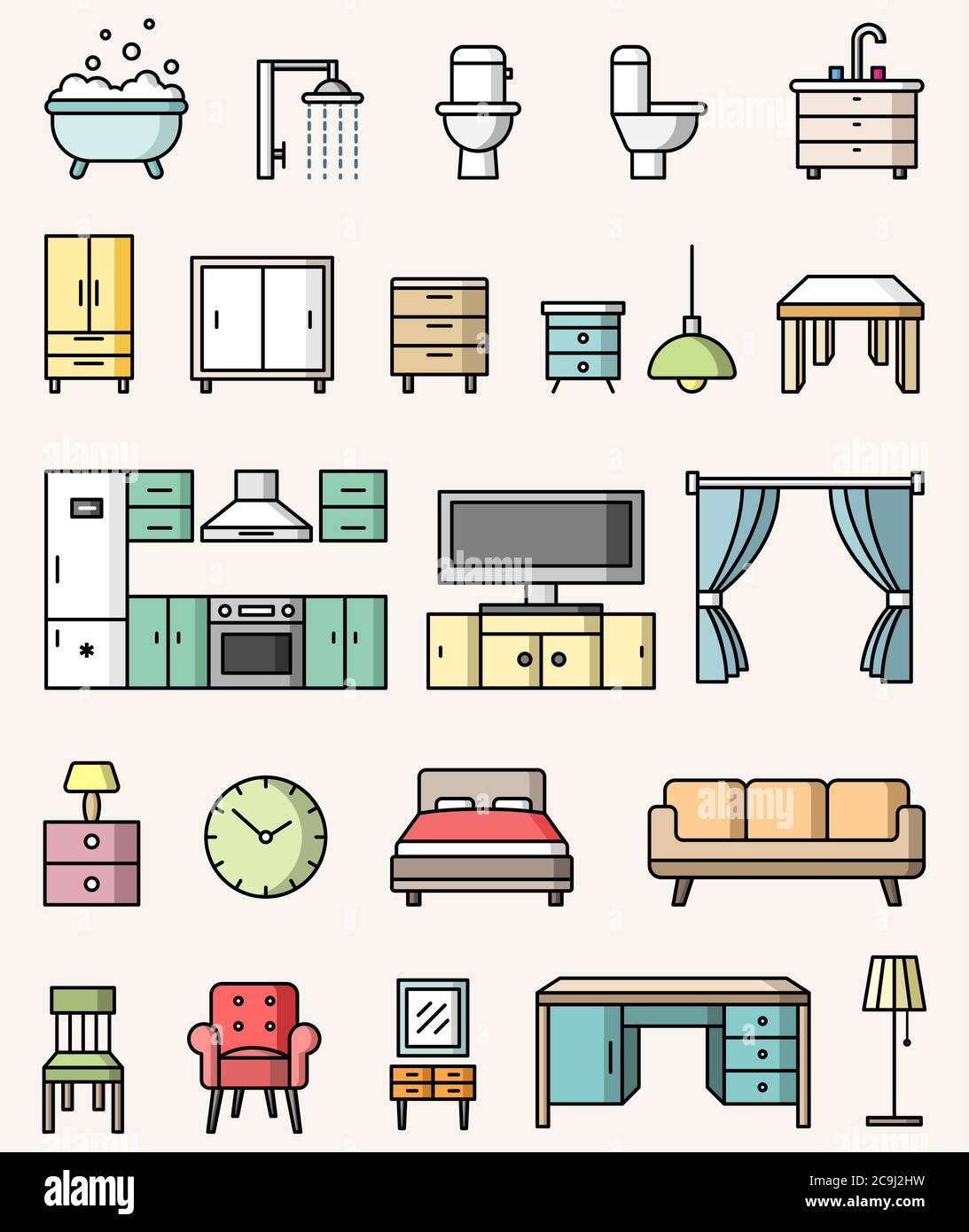 Interior objects flat style colorful icons vector set Stock Vector ...