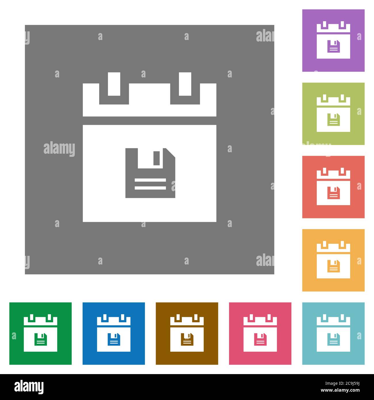 Save schedule data flat icons on simple color square backgrounds Stock Vector