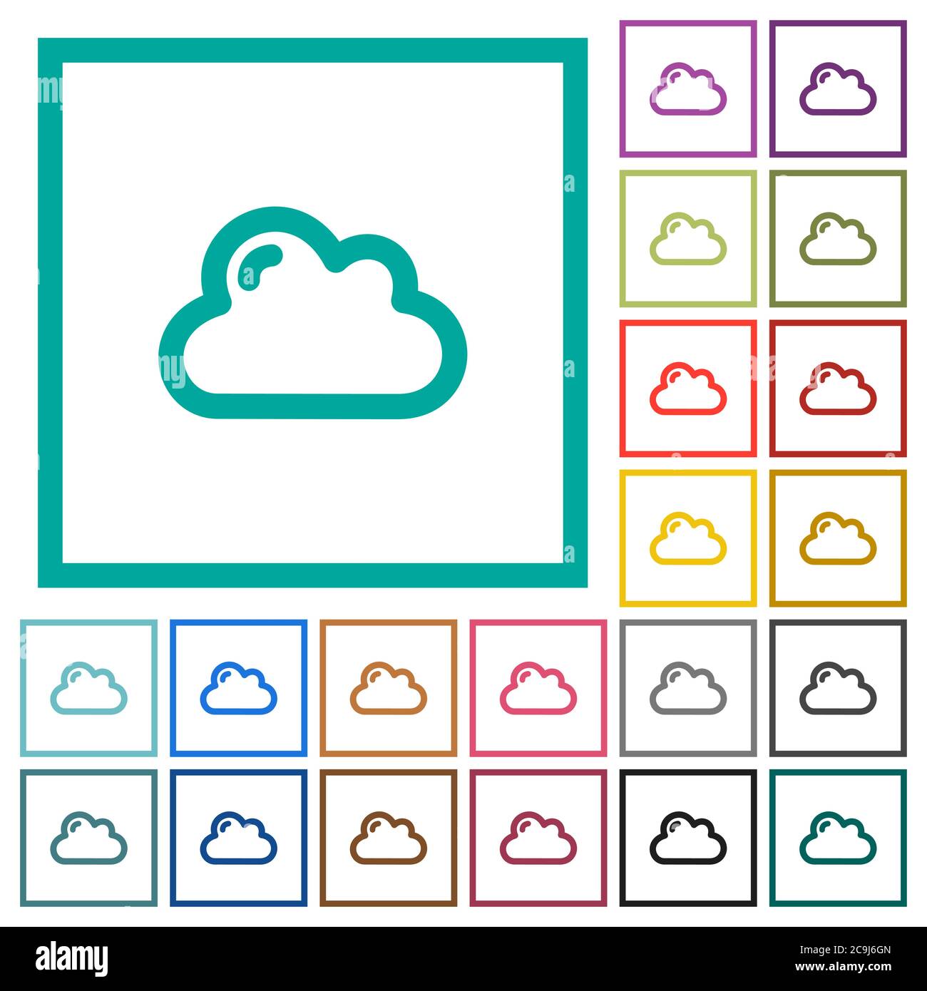 Single cloud flat color icons with quadrant frames on white background Stock Vector