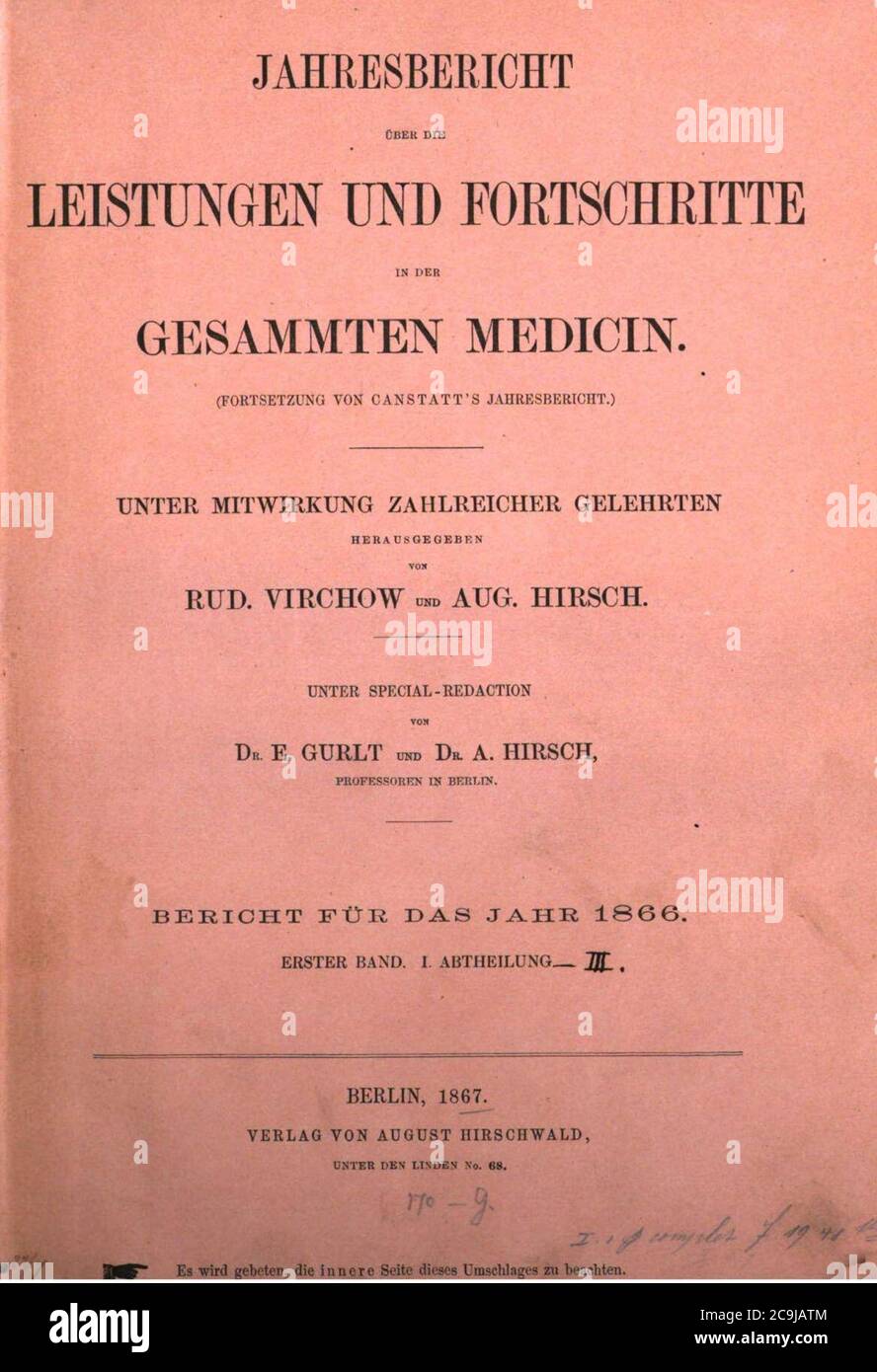 Jahresbericht über die Leistungen und Fortschritte in der gesammten Medicin 1866 Titel. Stock Photo