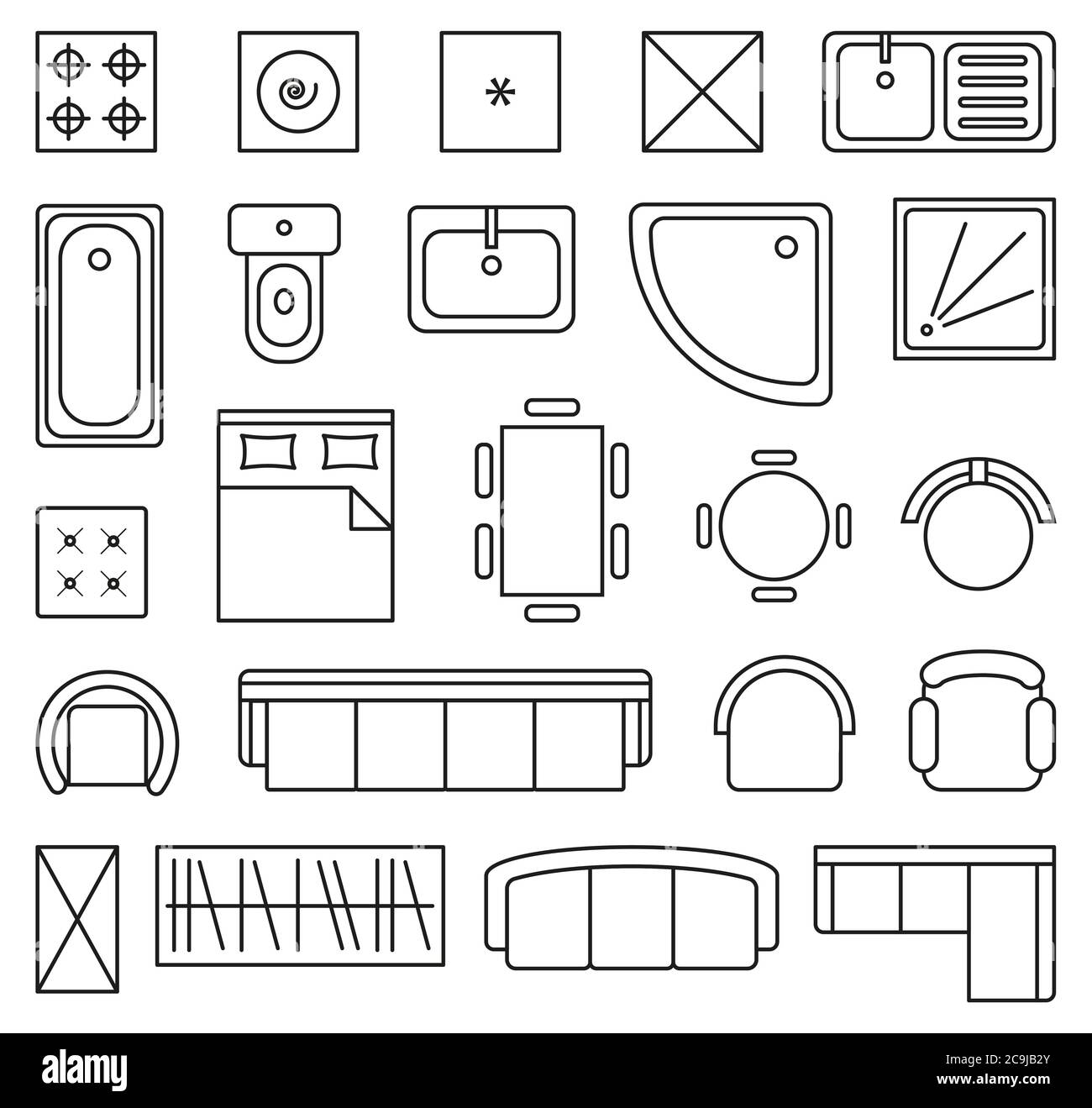 Vector set of outline isolated interior design floor plan objects icons Stock Vector