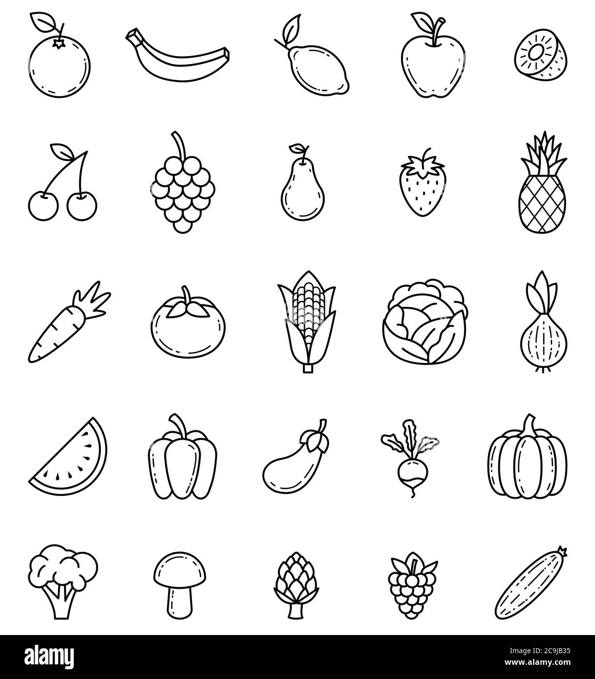 Fruits and vegetables outline isolated vector icons Stock Vector