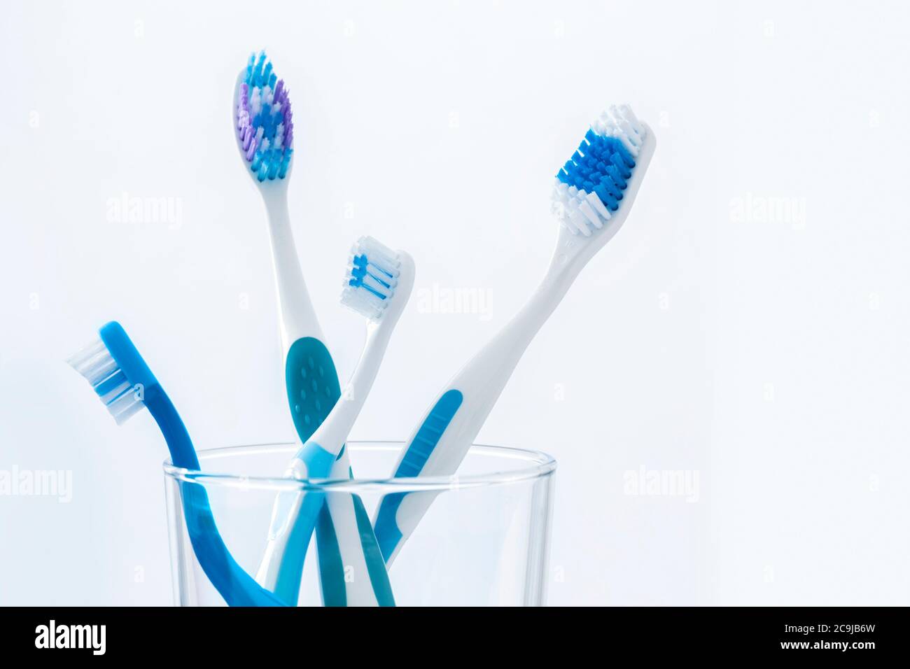 Toothbrushes in glass against a plain background. Stock Photo