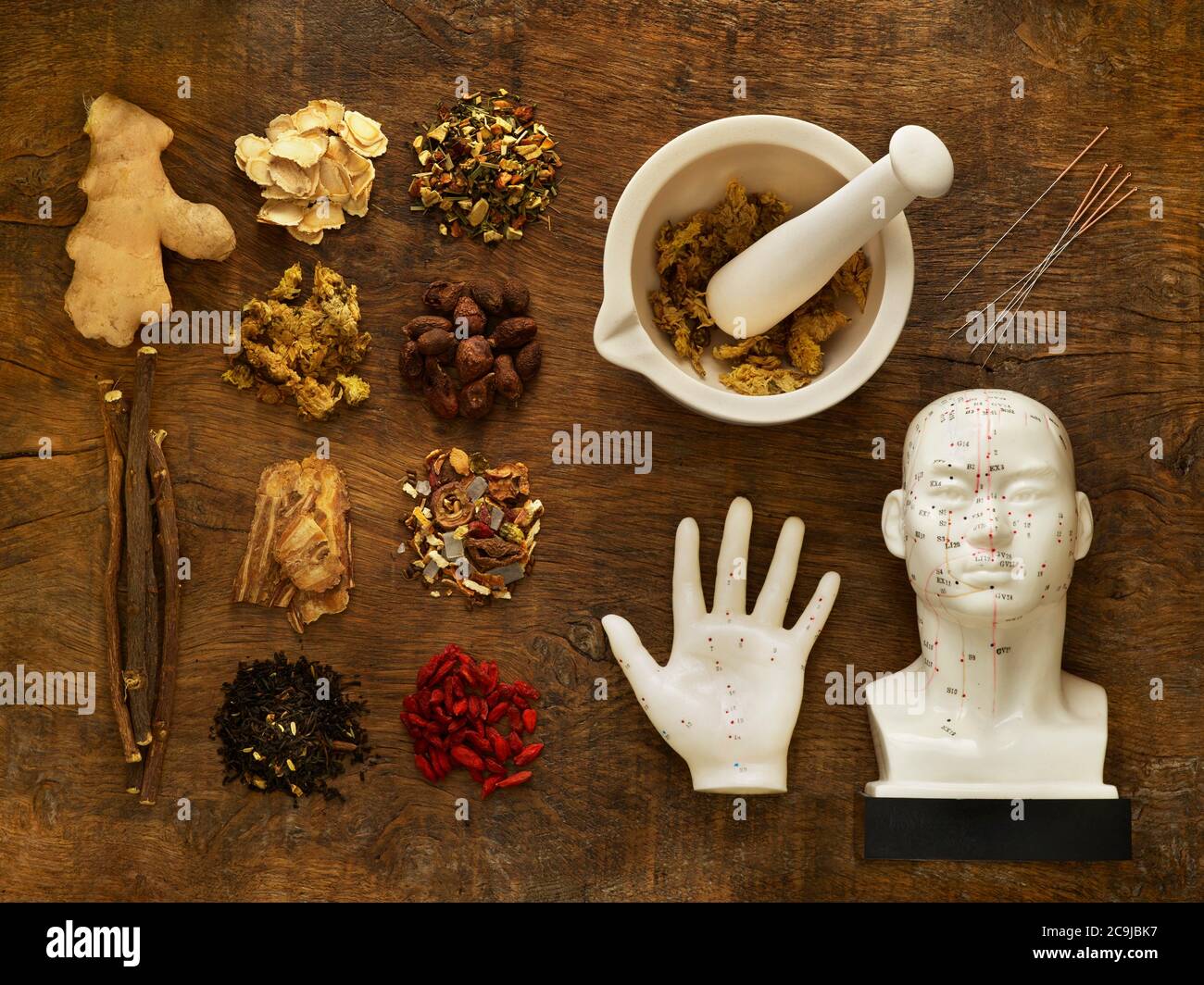 Herbs and equipment used for alternative medicine. Stock Photo