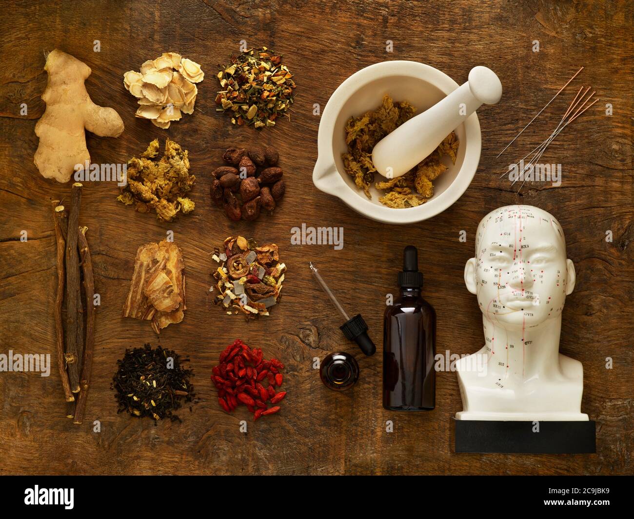 Herbs and equipment used for alternative medicine. Stock Photo