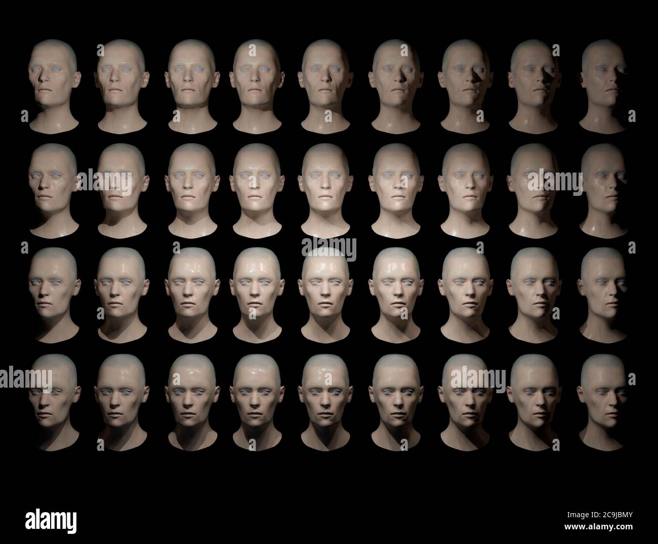 36 identical heads. Could be replacement body parts grown in lab or manufactured for robotics. Computer generated image. Stock Photo
