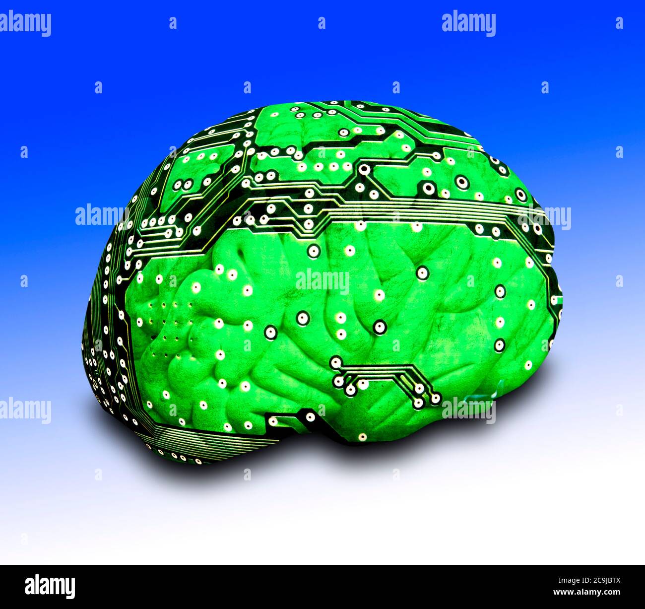 Human brain with circuit board against plain background. Stock Photo