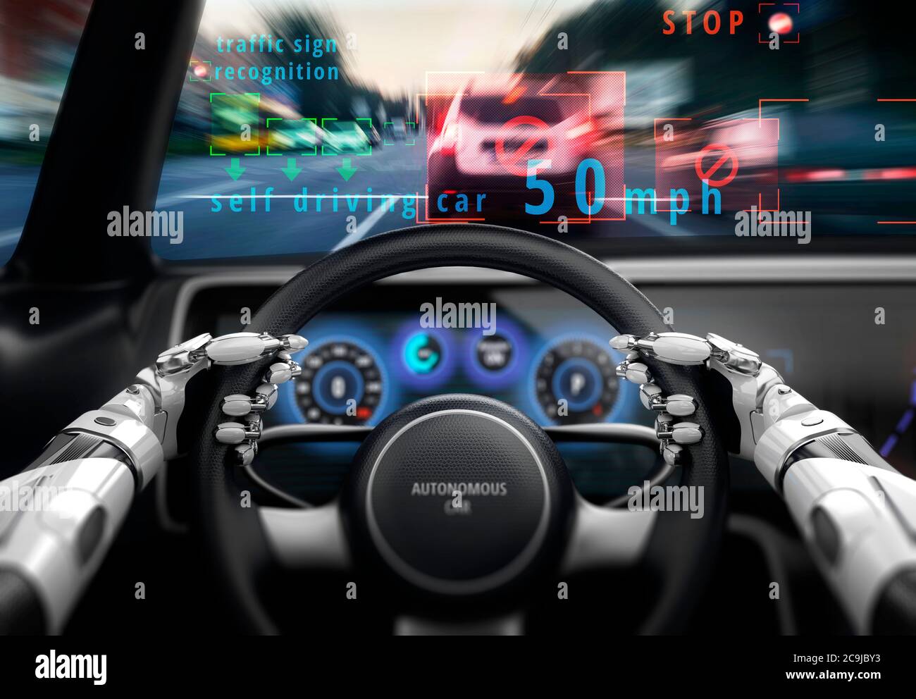 Robotic hands on steering wheel while driving autonomous car. 3D illustration. Stock Photo