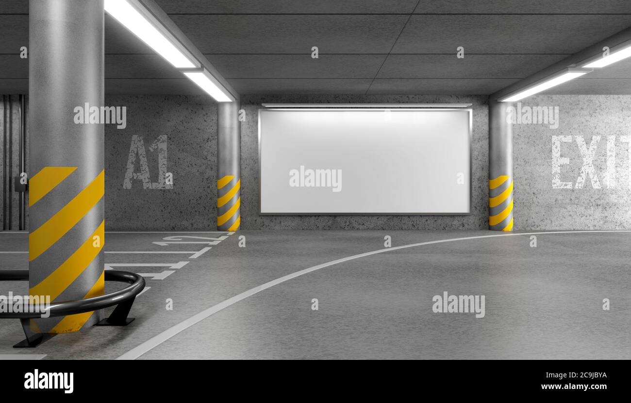 Blank horizontal big poster in an car parking garage under shopping centre. Billboard mock-up. 3D illustration. Stock Photo