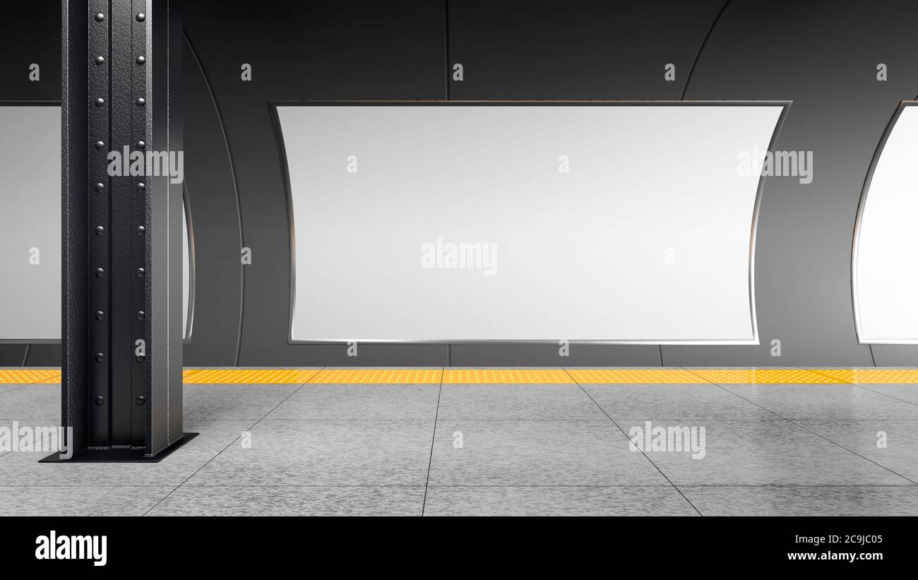 Blank horizontal big poster on the tube station. Billboard mock-up in an underground / metro. 3D illustration. Stock Photo