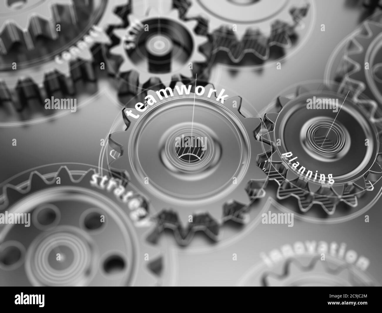 Teamwork concept, gear wheels close-up. 3d illustration. Stock Photo