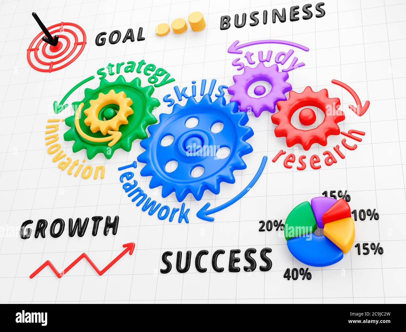 Business concept background. Funny system of cogwheels on white background. 3d illustration. Stock Photo