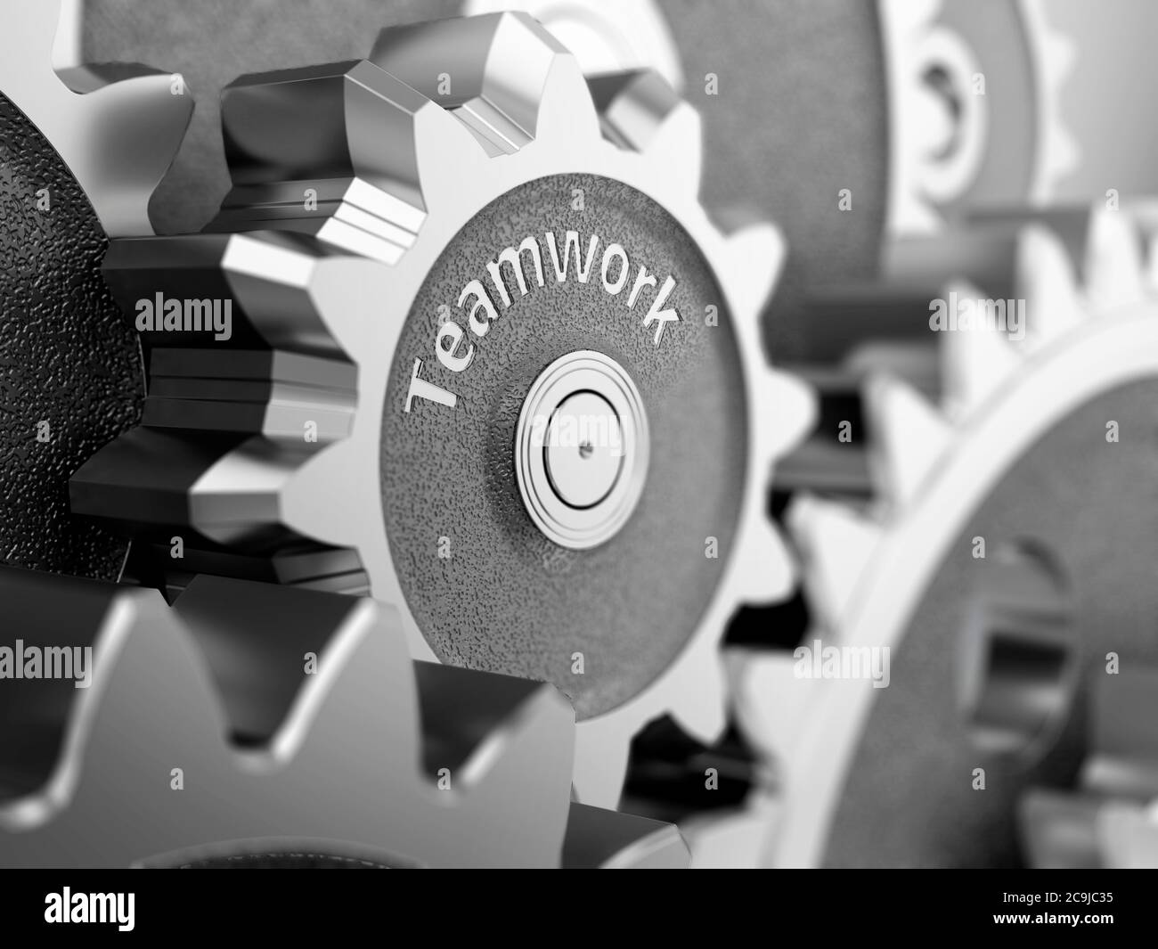 Teamwork concept, gear wheels close-up. 3d illustration. Stock Photo