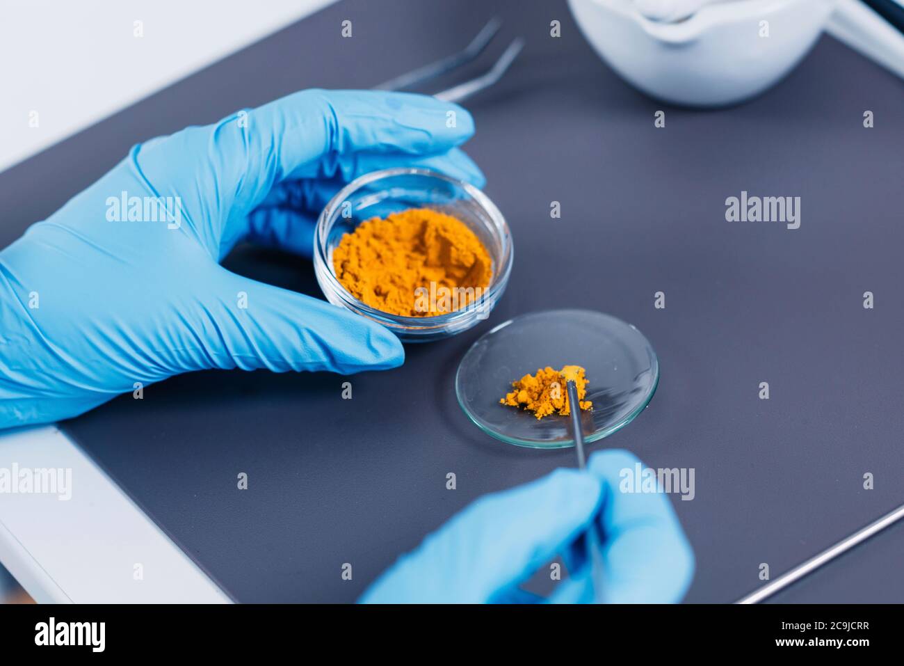 Quality control expert inspecting turmeric in the laboratory Stock
