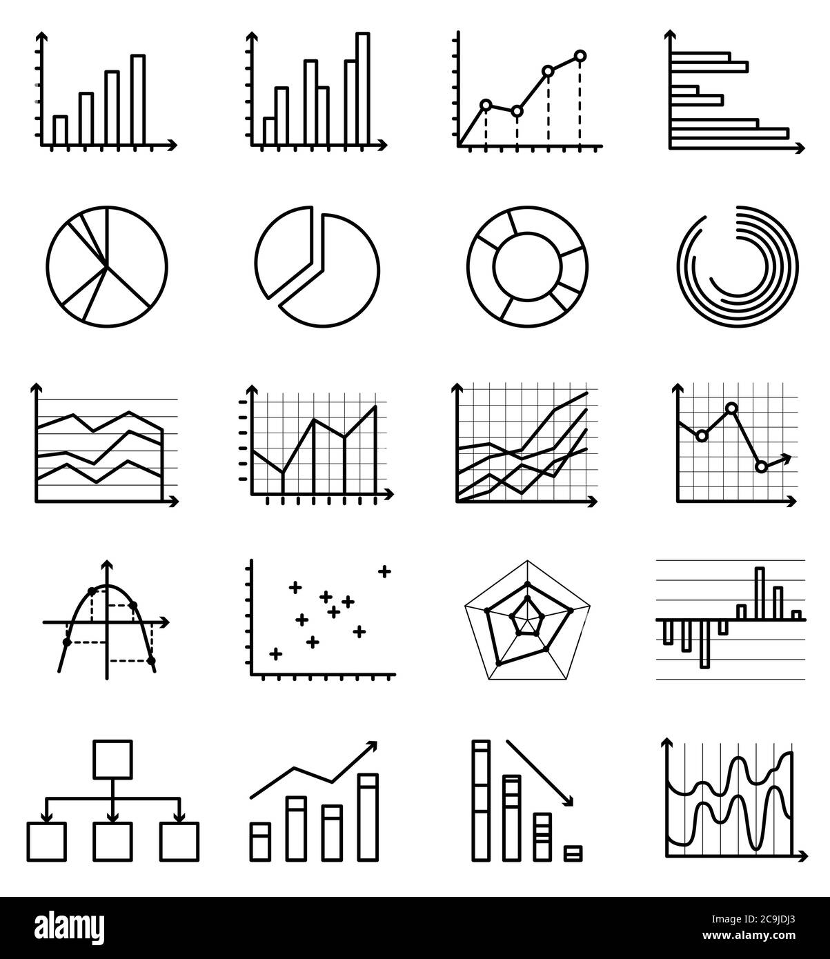 Vector outline isolated icons of graphs, schemes, schedules Stock Vector