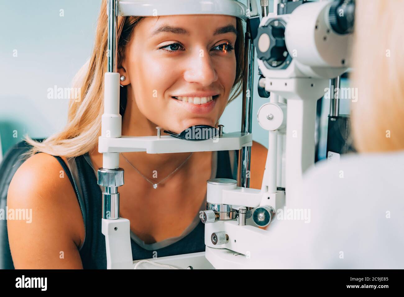 Ophthalmology. Applanation tonometry and eye pressure test Stock Photo
