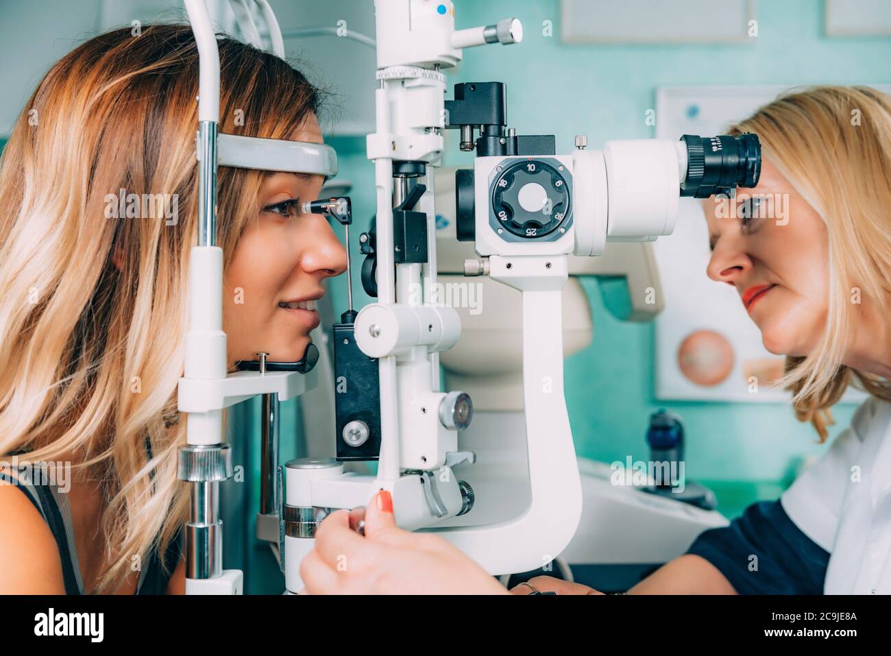 Ophthalmology. Applanation tonometry and eye pressure test Stock Photo